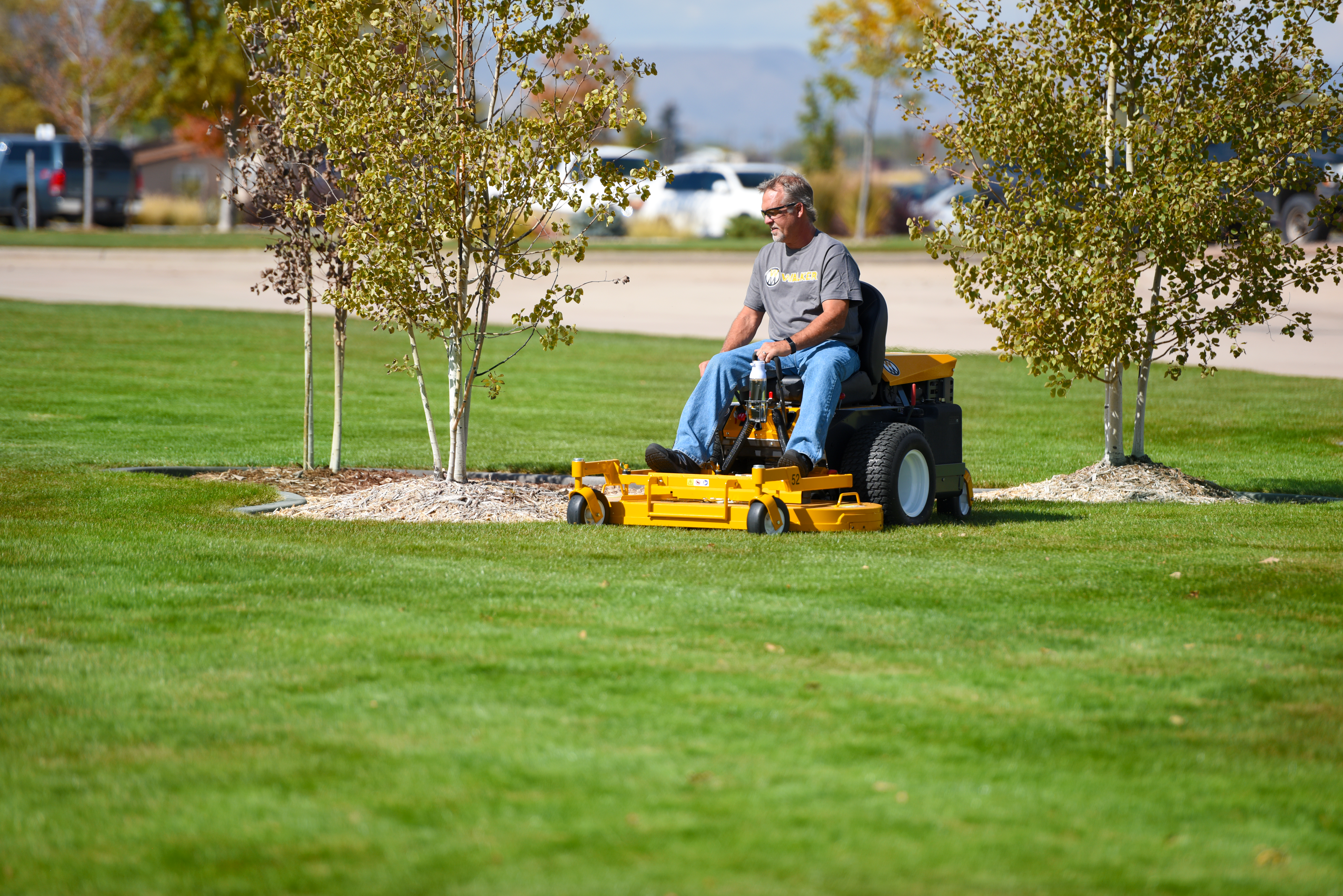 Sit On Mowers Walker B27I Mowing Around Trees On A Landscaped Lawn